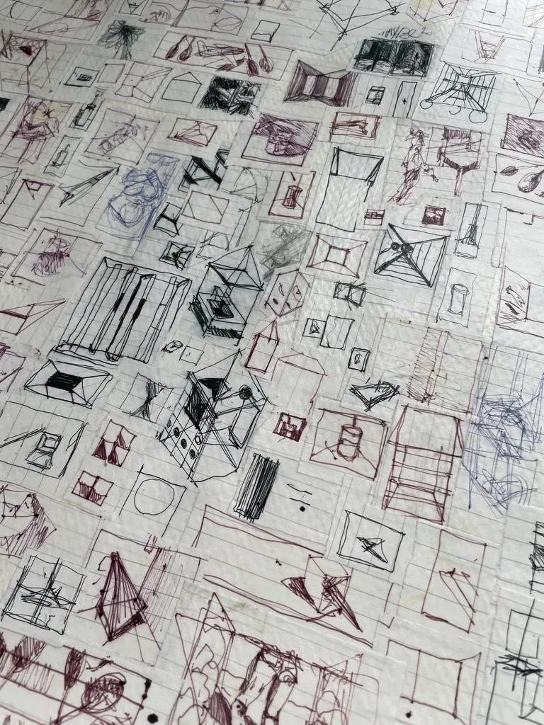 Sketch studies of rooms, racks, and studio layouts